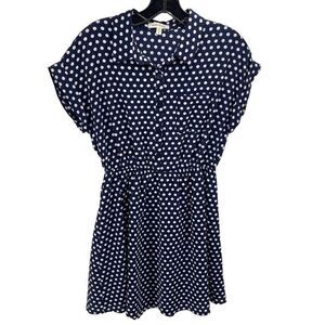 Monteau Womens Polka Dots Dress Mini Short Sleeve Button Pocket Large Blue White